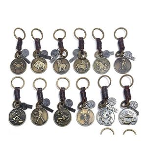 Porte-clés signe du zodiaque pour hommes et femmes, en cuir véritable, 12 Constellations, Vintage, couleur or, en alliage métallique, porte-clés de voiture Chai Ot5L1