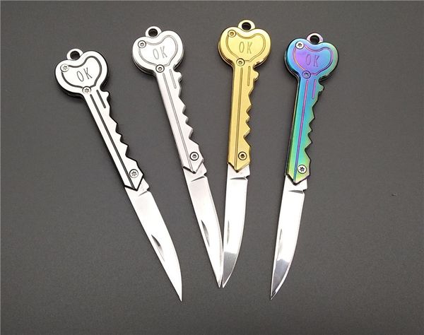 Mini cuchillo plegable con forma de llave, cuchillo para fruta de bolsillo, sable para exteriores, llavero multifuncional, cuchillos suizos de autodefensa, herramienta EDC