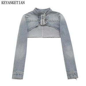 Keyanketian Autumn Womens Extra Short Buttonup Denim Jacket Gothic oneck lange mouw slanke asymmetrische crop top 240423