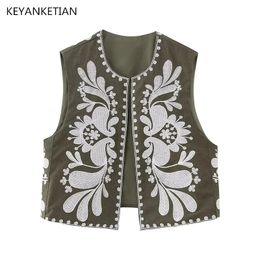 Keyanket Summer Floral broderie débutonée Vetet Cabinet tribal ethnique Femmes Fime de style mince Sans manches courte courte 240412