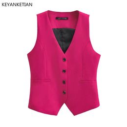 Keyankettian vneck Single Breasted Rose Red Suit Vest Women Slim Short Fashion Asymétrique mince mantel sans manches 240523