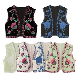 Keyanketiaanse vrouwen etnische stijl vestjacht set casual vakantie korte top dames vintage bloemen borduurwerk open taille 240412