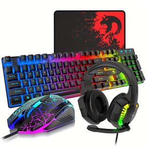 Ensemble clavier et casque, clavier filaire LED, casque supra-auriculaire avec micro, souris de jeu rétroéclairées arc-en-ciel, tapis de souris, pour PC, ordinateur portable, PS4, Xbox (noir)