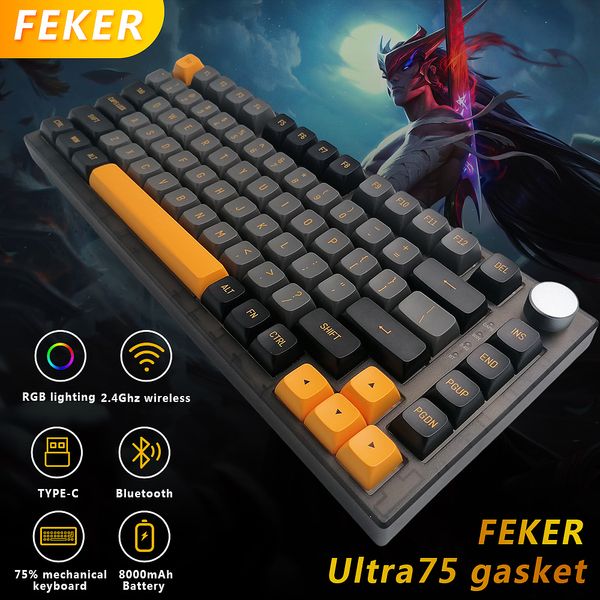 Teclado Mouse Combos FEKER IK75 Ultra Pro Mekanis Gateron Tombol Panda Tutup PBT 3 Modelo RGB Bluetooth 2 4G Junta Nirkabel 230425