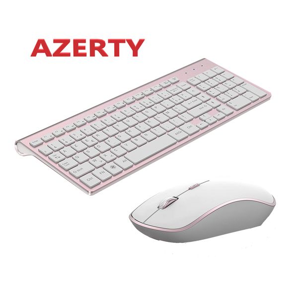 Combinaciones de teclado y ratón Teclado francés Inalámbrico 2400DPI Ratón 2.4Ghz Juego de teclado y ratón ultradelgado AZERTY Portátil Silencioso Ergonómico- Rosa / plateado 230715