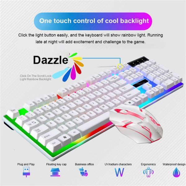 Keyboard Mouse Combos Clavier et souris de jeu Kit de joueur ensemble clavier et souris filaire rétro-éclairé USB clavier d'ordinateur russe 104 touches pour PC 230715