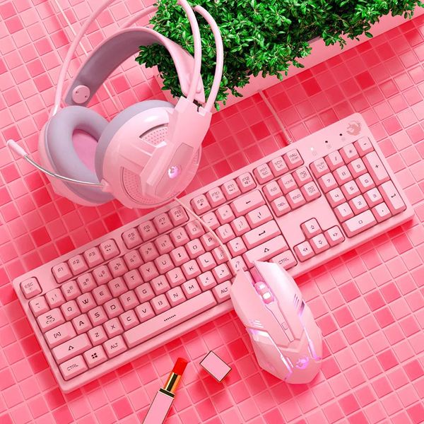 Teclado Mouse Combos Gaming Pink 19 Teclas Free Punch USB con cable 4800DPI Cancelación de ruido Auriculares Accesorios PC Conjunto completo 231019