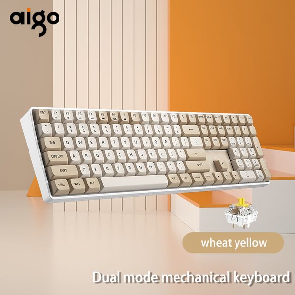 Teclados Aigo A108 Teclado mecánico para juegos 24G Inalámbrico USB Typec Con cable Interruptor amarillo 110 Key Swap Recargable Gamer 230821