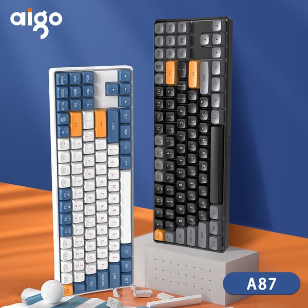 Claviers Aigo A87 Gaming Clavier Mécanique 24G Sans Fil USB Typec Filaire Bleu Commutateur 89 Clé Swap Rechargeable Gamer 230821