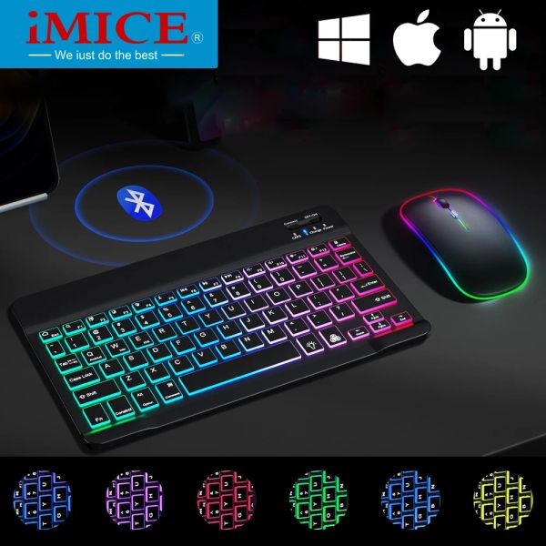 Teclados Bluetooth Teclado mini teclado inalámbrico y mouse de 10 pulgadas Teclado recargable retroiluminado Teclado de tableta ruso para teléfono iPad