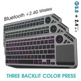 Teclados Teclado inalámbrico Bluetooth con panel táctil 7 colores retroiluminados 2 4 g Trackpad recargable para Smart TV iOS iPhone iPad 231117