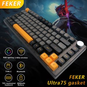 Claviers Feker IK75 Keyboard Ultra Pro Mechanical Gateron Panda Switch PBT Keycap 3Modle RGB Bluetooth / 2,4G Knob Keket Wireless Clavier