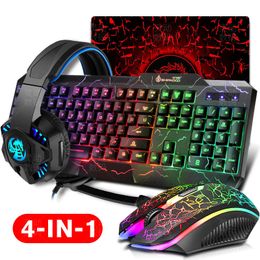 Toetsenboards Gaming Keyboard Mouse LED Ademhaling Backlight Ergonomics Pro Combos USB Wired Full Key Professional Mouse Keyboard 4 In1 230518