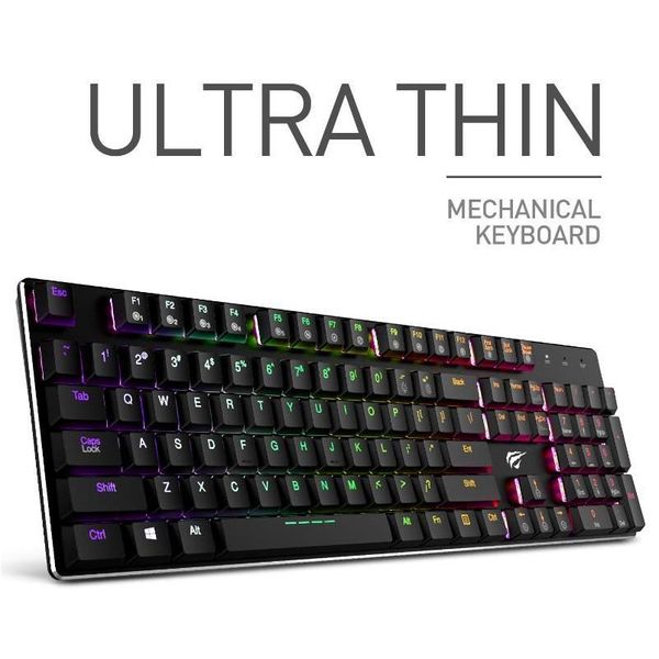 Teclados Havit Teclado mecánico Perfil bajo 104 teclas Azul Kailh Switch Gaming para tableta Escritorio con cable USB Entrega en inglés C Dh154