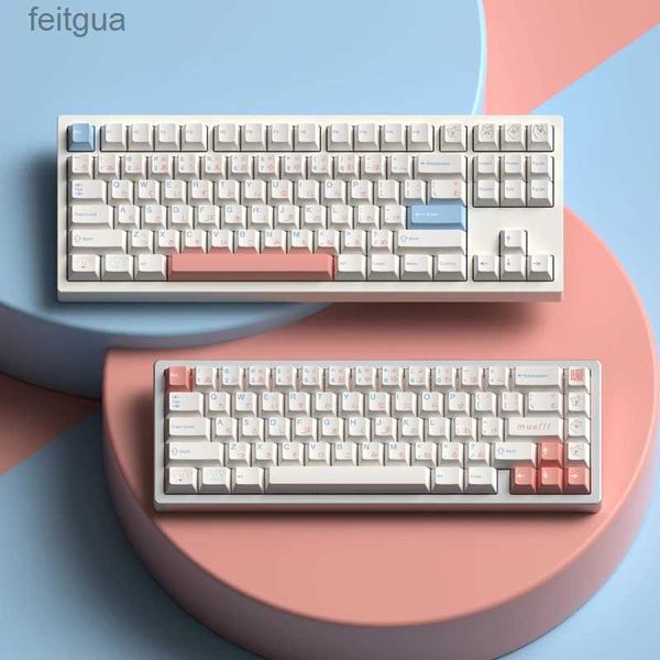 Teclados Teclados 1 Juego de teclas con tema cálido JKDK Studio, teclas con subcama de tinte PBT azul y rosa, teclas con perfil GMK Fuyu Cherry para 61 68 980 75 87 104 YQ240123