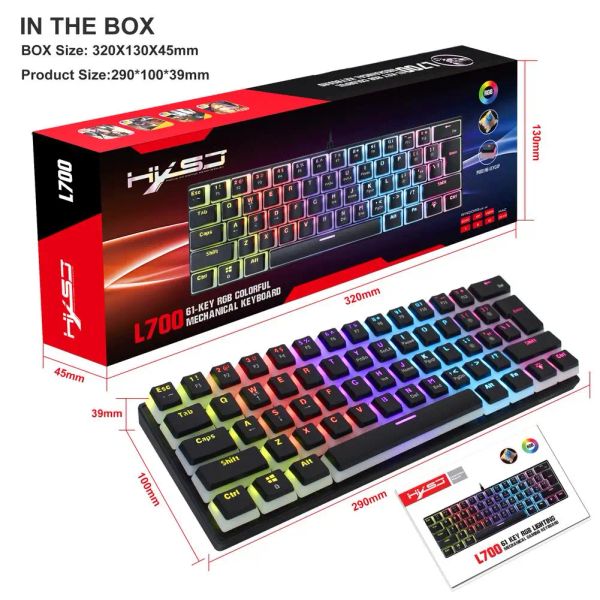 Claviers L700 Gaming Mechanical Clavier 61 touches USB RVB Backlight 12 Modes d'éclairage Office Clavier câblé Antimite pour Gamer ordinateur