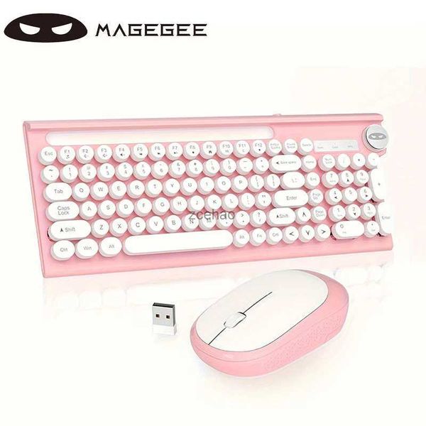 Teclados Magegee V630 Combo de teclado y mouse inalámbricos MageGee 2.4G USB 101 teclas Teclado inalámbrico para máquina de escribir Impermeable Lindo redondo RetL240105