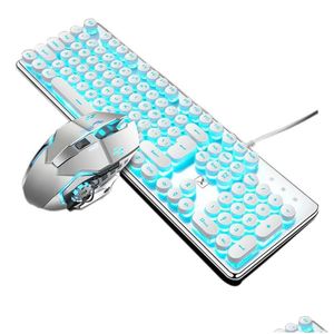 Claviers Mécanique Gaming Clavier Et Souris Combo Rétro Steampunk Vintage 104 Touches Filaire Usb Métal Panneau Rond Keycaps11 Drop Deli Dhwbm