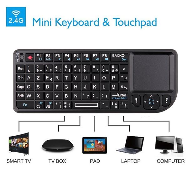 Claviers Mini 2.4G RF Clavier Sans Fil Espagnol Français Russe Anglais Clavier Rétroéclairage Touchpad Souris pour PC Portable Smart Tv Box 230518