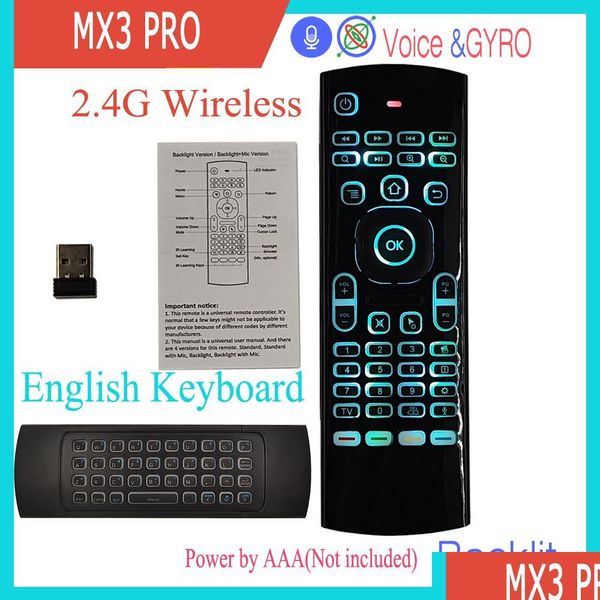 Teclados MX3 Pro Voice Air Mouse Control remoto Retroiluminado 2.4G Giroscopio inalámbrico Ir Aprendizaje para Android TV Box PC Drop Entrega Compu Otqgt