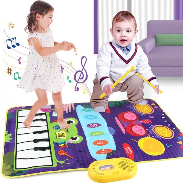 Claviers Piano 2 en 1 tapis de piano pour enfants clavier de piano Jazz tambour musique toucher tapis de jeu bébé tout-petits instrument de musique éducation jouets cadeau 231214