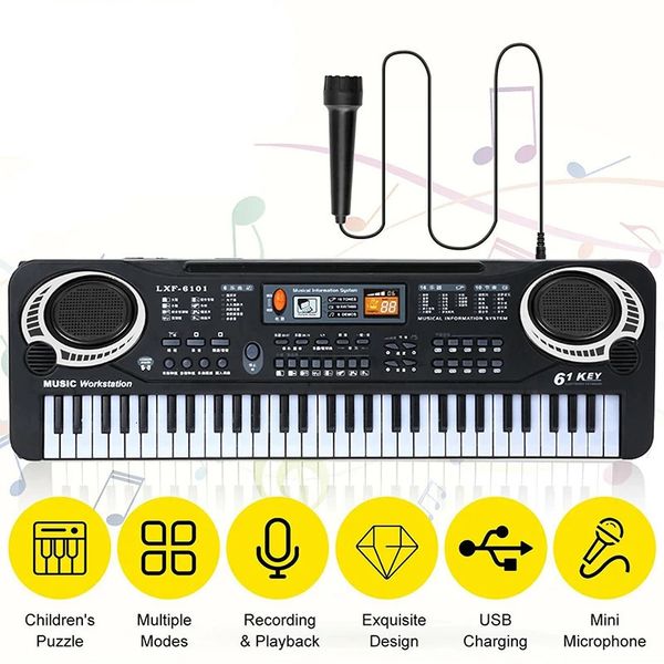 Teclados Piano 61 teclas Teclado electrónico para niños con micrófono Instrumento musical USB Órgano eléctrico digital Regalos Juguetes para niños 231201