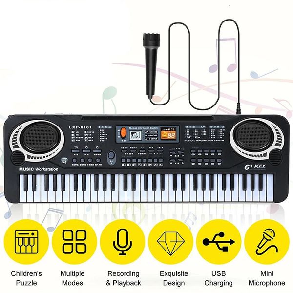 Teclados Piano 61 teclas Teclado electrónico para niños Piano con micrófono Instrumento musical USB Órgano eléctrico digital Regalos Juguetes para niños 231206