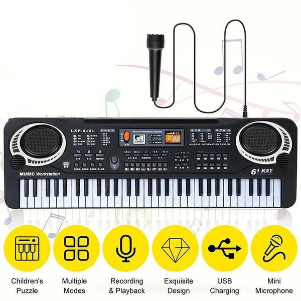 Tecillos Piano Baby Music Sound Toys 61 Key Kidrens Electronic Keyboard and Piano con instrumento de micrófono USB órgano electrónico digital Juguetes WX5.21