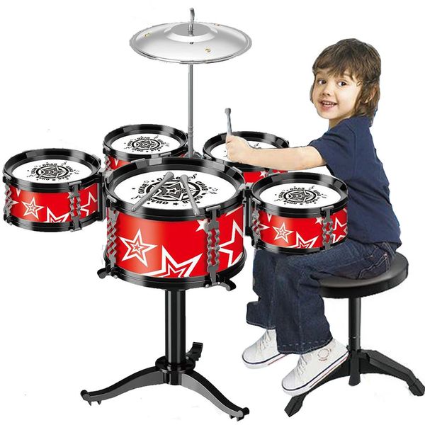 Claviers Piano Jazz Drum Set pour enfants 5 tambours / 3 tambours avec petit tabouret ensemble de baguettes de tambour instrument de musique jouets éducatifs pour débutants cadeaux 231204