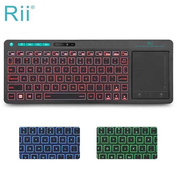 Claviers Rii K18 Plus Multimédia sans fil Anglais Russe Français Clavier Hébreu 3-LED Couleur Rétroéclairé avec Multi-Touch pour TV Box PC T230215