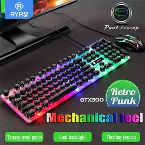 Toetsenborden RYRA USB bedraad toetsenbord-muisset 104 toetsen Punk Retro Mechanisch gevoel Gamingtoetsenbord en muisset LED-achtergrondverlichting voor laptops PCL240105