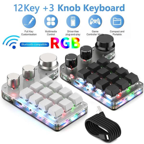 Claviers Programmation Bluetooth sans fil Macro doublé personnalisé BT Keyboard RGB 12 Copie de clé Coller Mini bouton de jeu Keypad Macropad mécanique