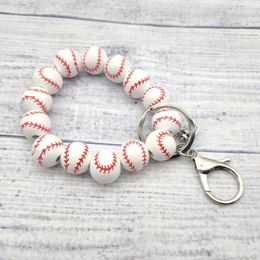 Porte-clés 1.60cm Bois Perlé Bracelet Porte-clés Baseball Volleyball Football Keychian Bracelets Femmes Sport Chaîne Perle Bracelets Extensible