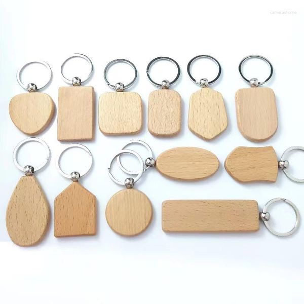 Llaveros 100 unids/lote llavero de madera natural gratis para bricolaje 1 logotipo lateral llavero de madera de haya llavero cuadrado redondo con forma de corazón