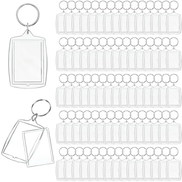 Porte-clés 100pcs / set clair acrylique po cadre porte-clés rectangle vierge insérer porte-clés photo porte-clés avec anneau fendu