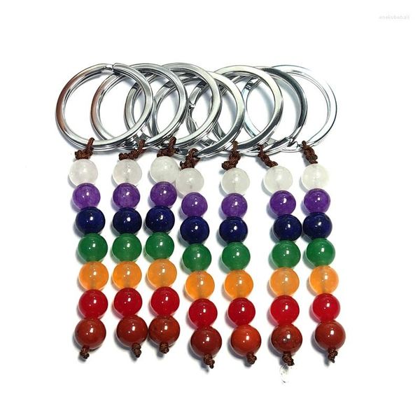 Porte-clés 10pcs 8mm pierre naturelle 7 couleurs chakra porte-clés corde marron guérison cristal voiture décor chaîne porte-clés