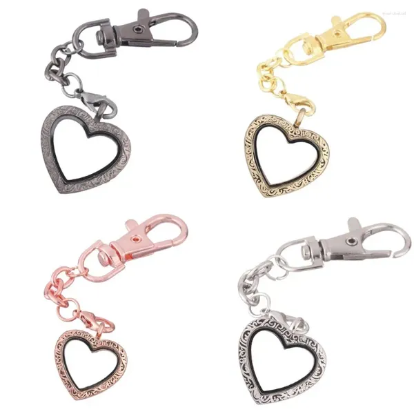 Porte-clés 10pcs / lot Vintage coeur ouvert mémoire vivant verre médaillon pendentif porte-clés en métal flottant image Relicario femmes porte-clés bijoux