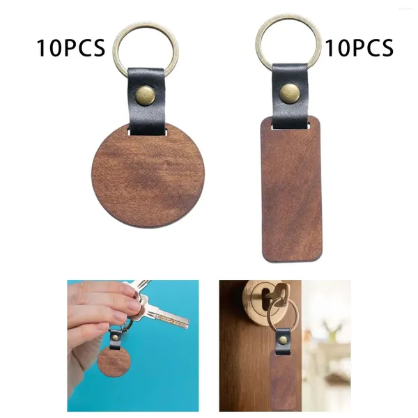 Keychains 10pcs/set Wood Keychain en blanco impreso con etiquetas clave para decoración de cumpleaños Cadena de madera Anillo de madera Argente de bricolaje de bricolaje