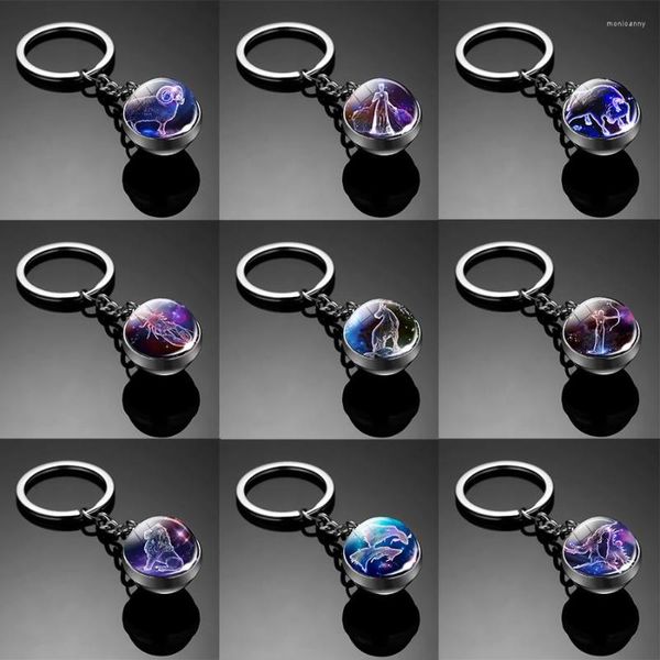 Porte-clés 12 constellations lumineuses porte-clés boule de verre pendentif zodiaque lueur dans le porte-clés sombre hommes femmes cadeaux d'anniversaire