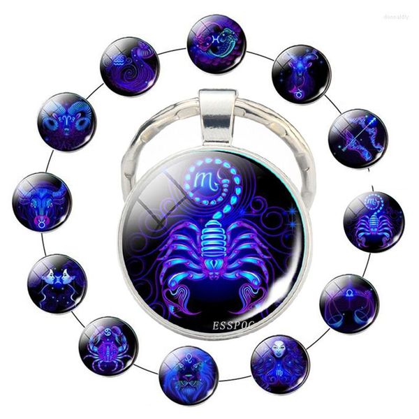 Porte-clés 12 signe du zodiaque Scorpion Lion verre métal porte-clés femmes hommes Couples voiture porte-clés anneaux mode astrologie cadeaux