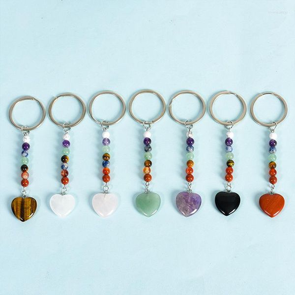 Llaveros 12 unids Llavero de piedra natural 7 colores Cuentas de chakra Forma de corazón Titular de la llave Anillo mineral Joyería a granel