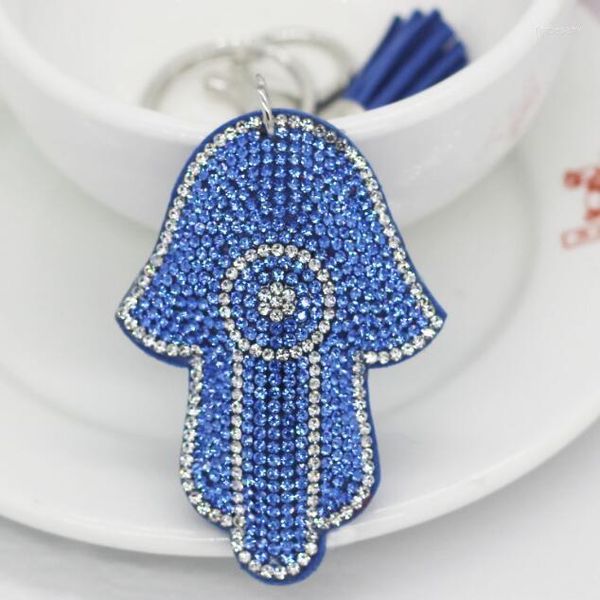 Llaveros 15 colores Lucky Women Llavero Amuleto Hamsa Fatima Han Colgante Cuero Rhinestone Key Finder Anillos Accesorios ChaveiroKeychains Fo