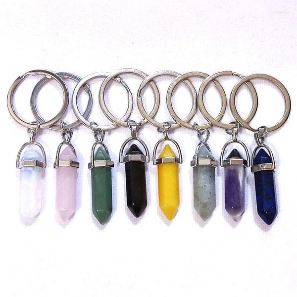 Porte-clés 15pcs Pierre Naturelle Hexagonale Prisme Porte-clés Argent Couleur Guérison Rose Cristal Décor De Voiture Porte-clés Pour Femmes Hommes