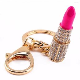 Llaveros 1pc Crystal Rhinestone Lápiz labial Llavero Golden Charm Colgante Bolsa Monedero Coche Llavero Regalo