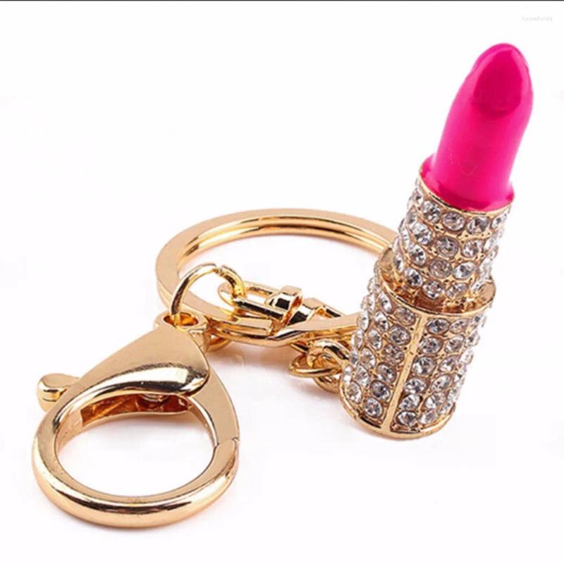 Keychains 1Pc Crystal Rhinestone Lipstick Keyring Golden Charm Pendant Bag Purse Car Key Chain Gift