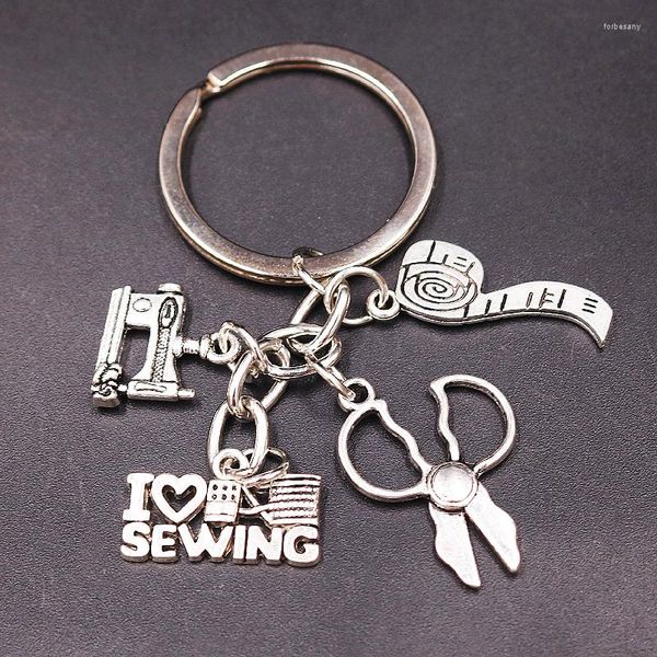 Llaveros 1 pieza I Love Sewing Metal Tag Tailor llavero cinta métrica/máquina de coser/tijeras llavero DIY encanto joyería artesanía hacer P757