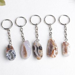 Keychains 1pc Natural Crystal Agate Geode Keychain Key Rings Original Druzy Half Stone Good Luck Fortune Wealth Charm Pendent