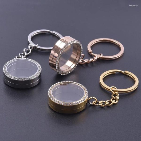 Porte-clés 1pc en acier inoxydable verre mémoire médaillon cendres porte-clés pour femmes ronde flottante vie relicario pendentif porte-clés bijoux