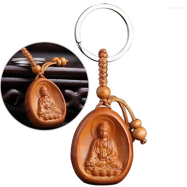 Keychains 1pc en bois sculpteur Bouddha pendentif clé de travoux joelry joelry boucle unisexe chinois clés chinois pour sac de voiture porte-clés