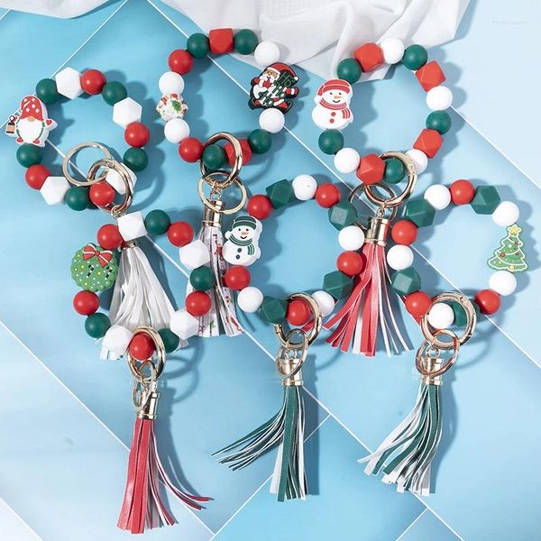 Llaveros 1 unids Navidad Cuentas de silicona Santa Claus Pulseras elásticas Llavero Llaveros para mujeres Regalo Brazaletes de muñeca al por mayor